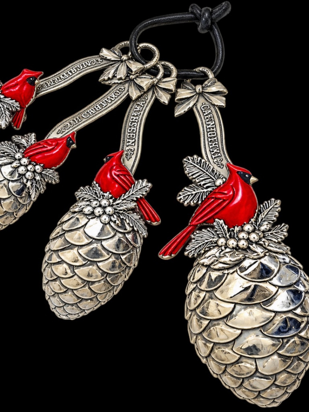 Ganz Four Piece Measuring Spoon Set Christmas Cardinal & Pinecone Silver-Tone